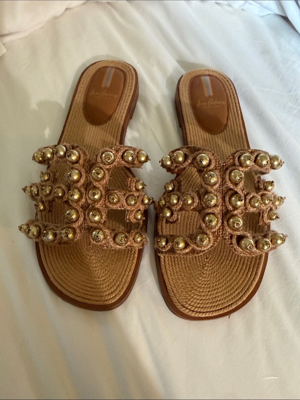 Sam Edelman Gold Beaded Tan Slide Sandals